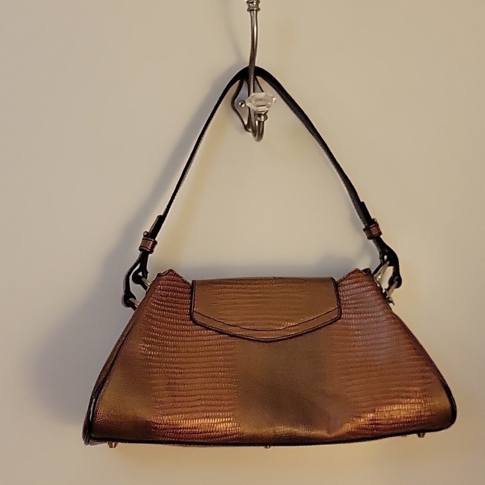 Vtg CHARLIE LAPSON Metallic Copper Brown Baguette Satchel Bag - Picture 6 of 16